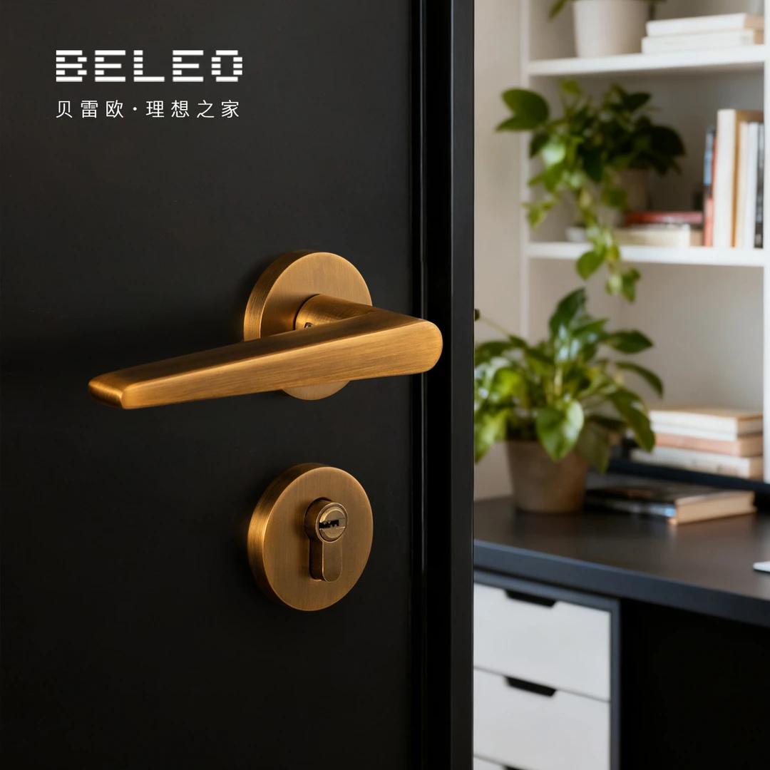 贝雷欧黄古铜复古门锁室内卧室磁吸静音家用房门木门极简门把手