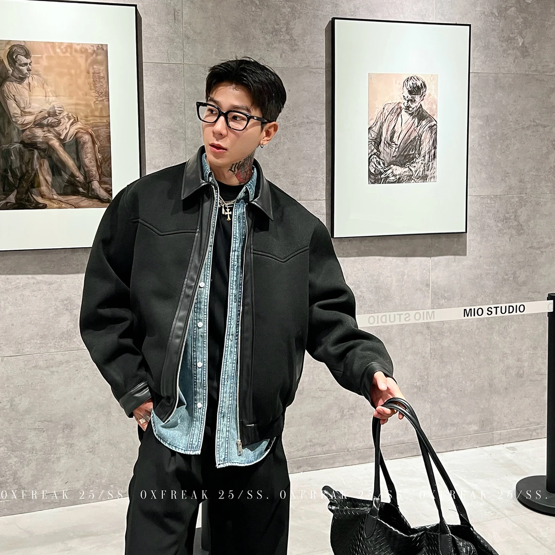 OXFREAK「拼接PU皮领」切割线哈灵顿夹克男短款宽松翻领外套