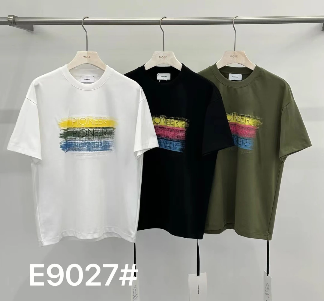 E9027男士夏季彩色条纹印花潮流休闲T恤夏季宽松港风百搭