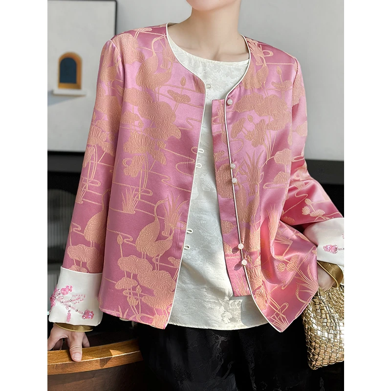 左左家 杨幂同款~粉色中式重工钉珠冠乐绉提花桑蚕丝外套女国风