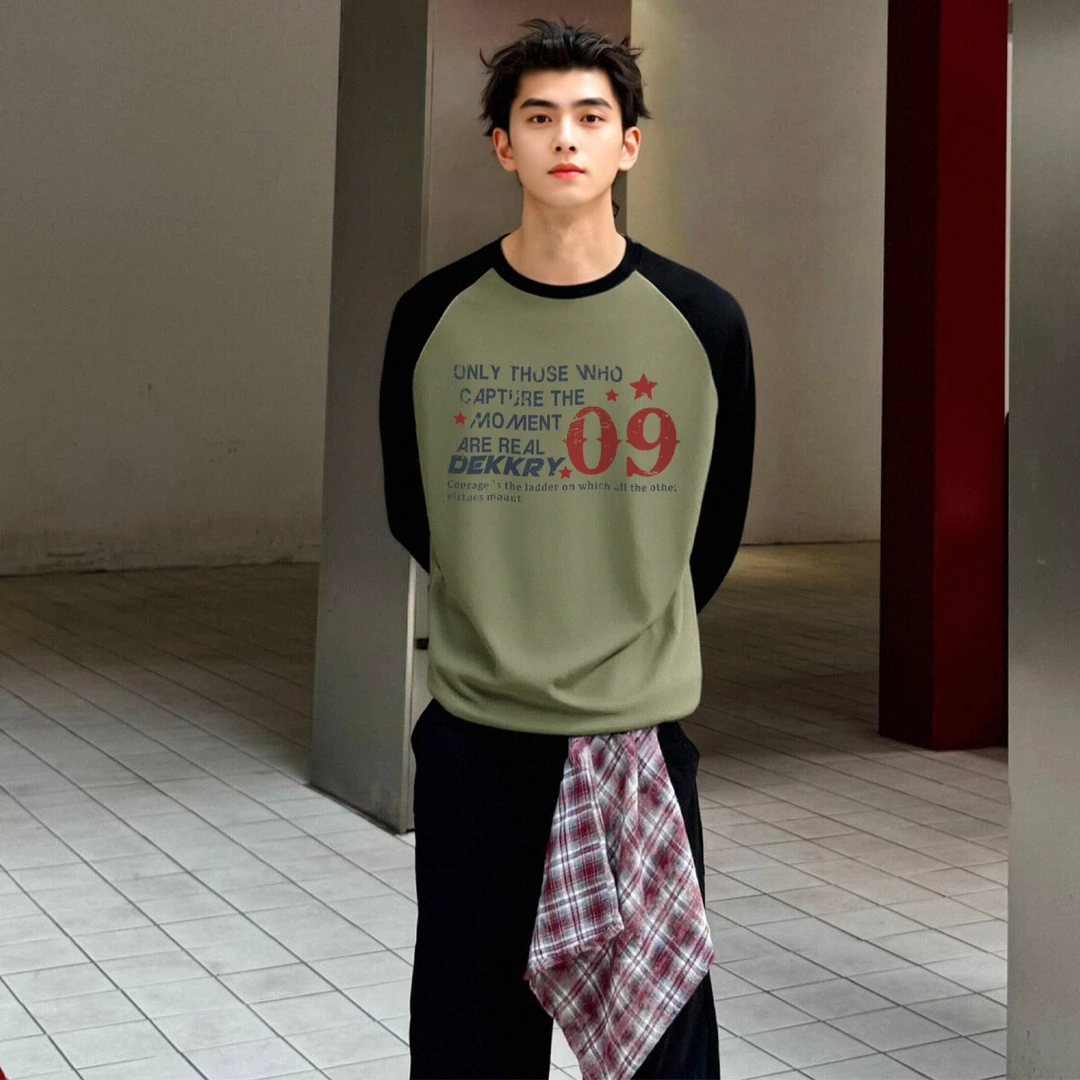 美式简约设计拼接撞色长袖T恤男秋季ins潮牌百搭宽松纯棉插肩上衣