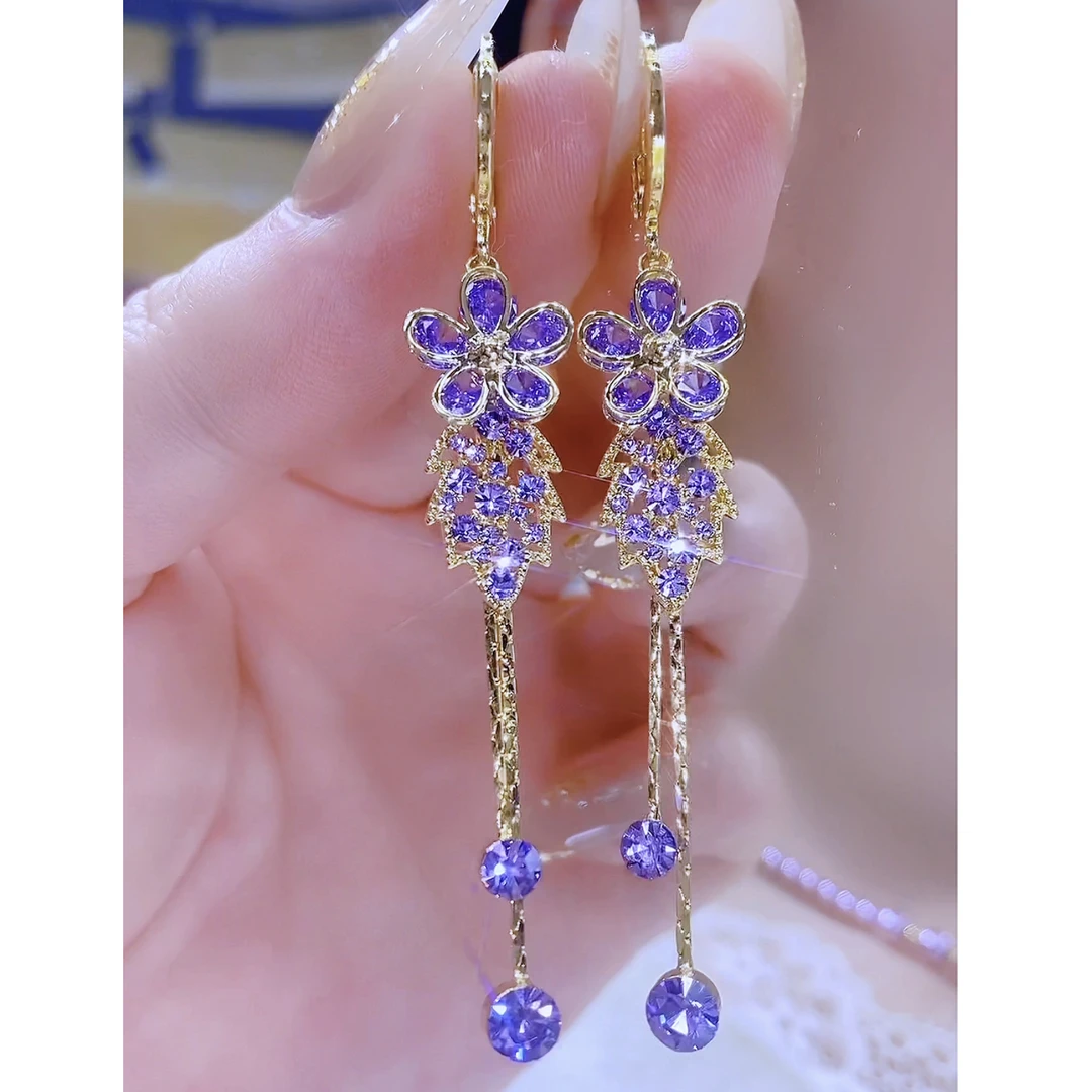 铜合金合成锆石耳饰 复古精致花朵紫色流苏时尚长款气质耳环轻奢