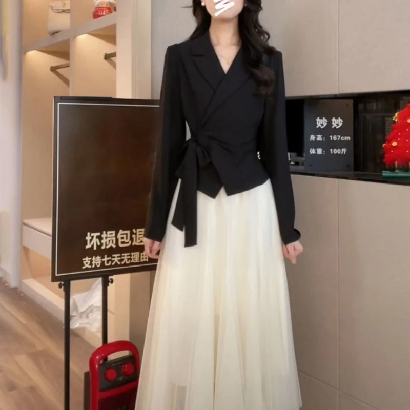 2025新款气质春季西装上衣仙的半身网纱裙两件套套装女
