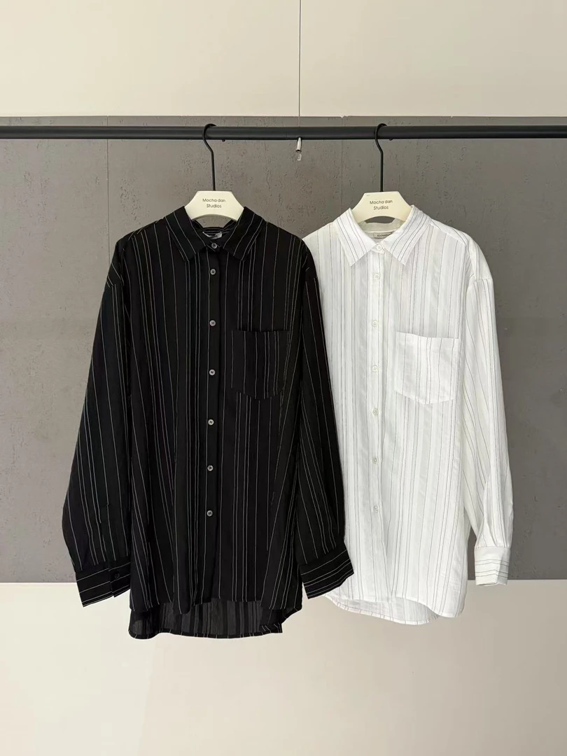 抹茶蛋#韩版设计感小众宽松条纹衬衫#022