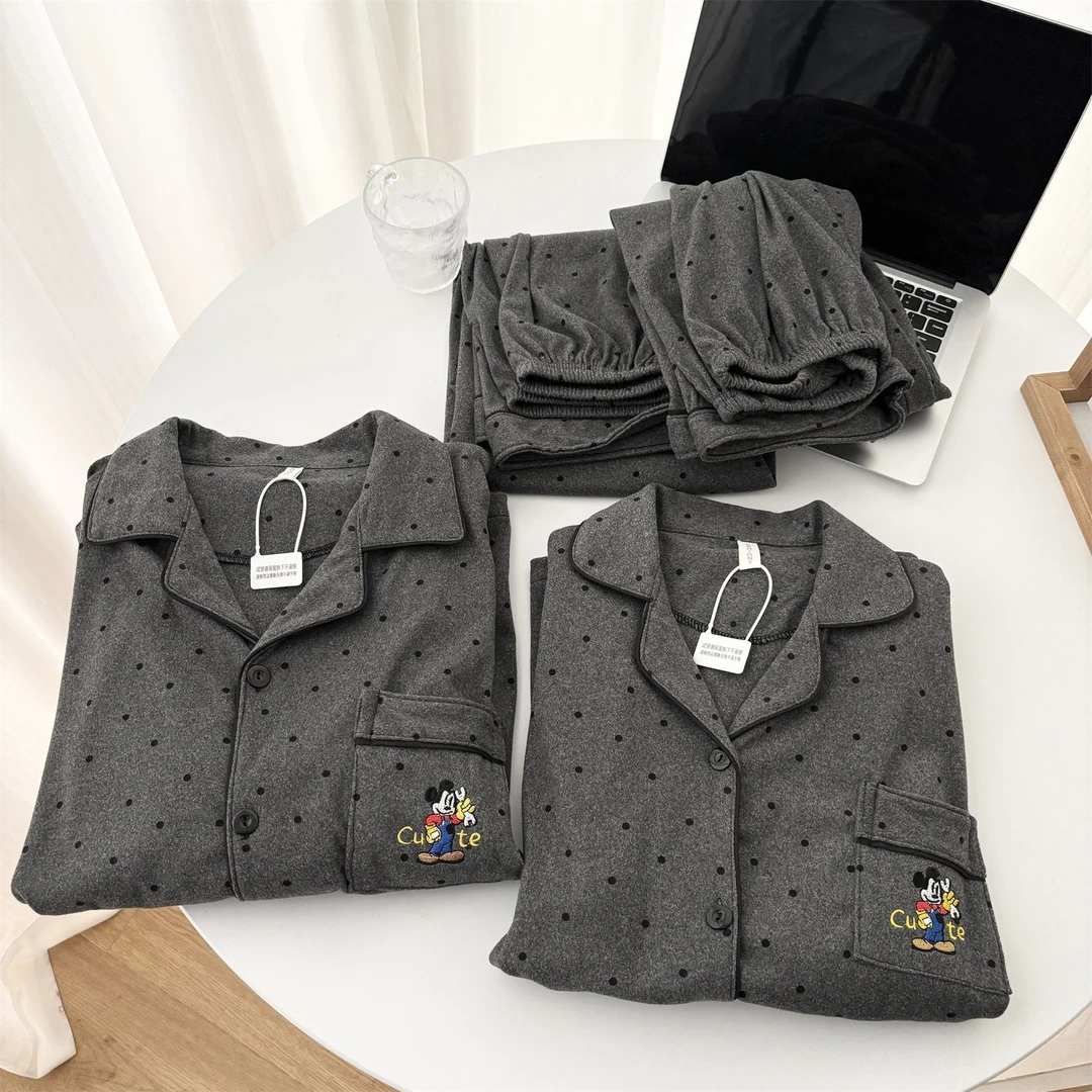 卡通灰波点米奇情侣秋冬款新款男女可爱可外穿甜美风家居服套装