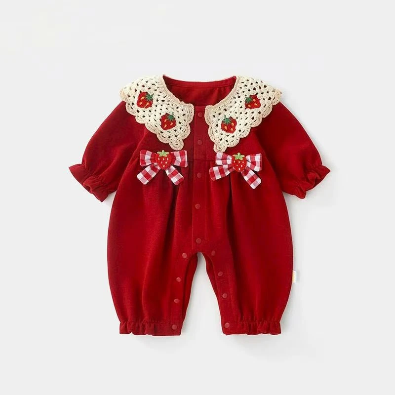 婴儿衣服春秋装连体衣女宝宝洋气公主红色喜庆百日宴周岁外出爬服