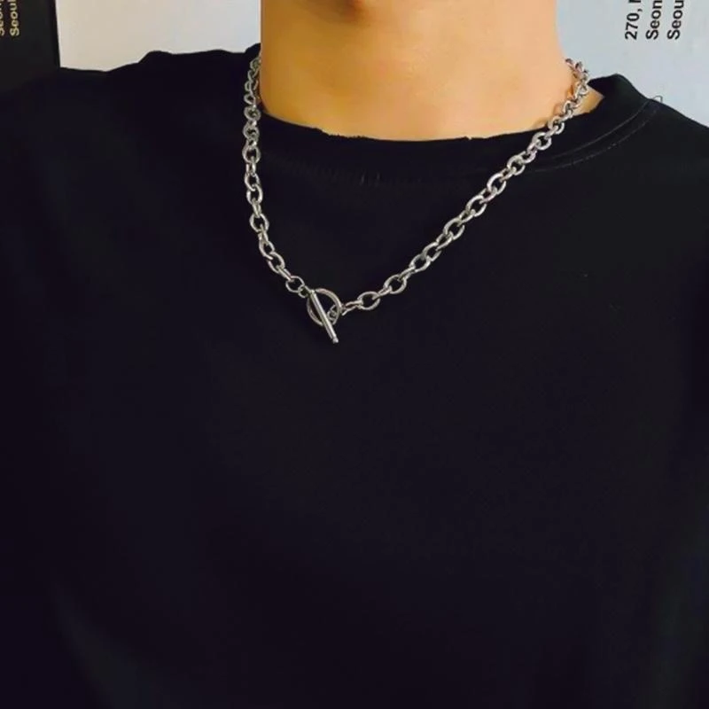 简约港风个性嘻哈朋克街头粗链条镂空OT扣项链男女情侣ins锁骨链