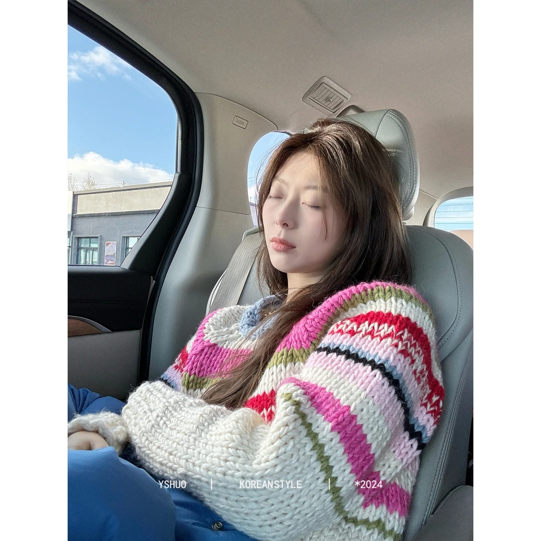 【彩虹星球】秋冬复古洋气重工彩色条纹编织套头毛衣 24667