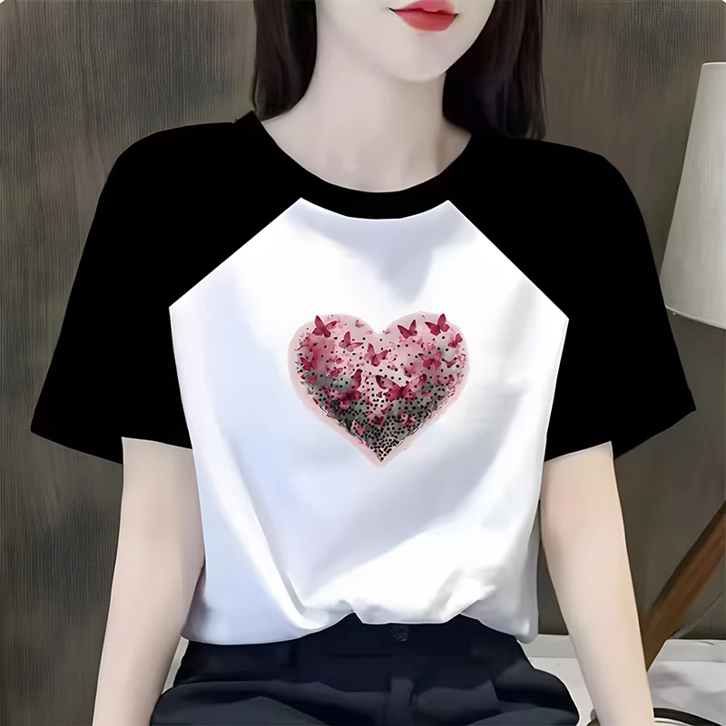 女士纯棉短袖t恤女夏季圆领印花拼接半袖时尚韩版插肩袖宽松体恤