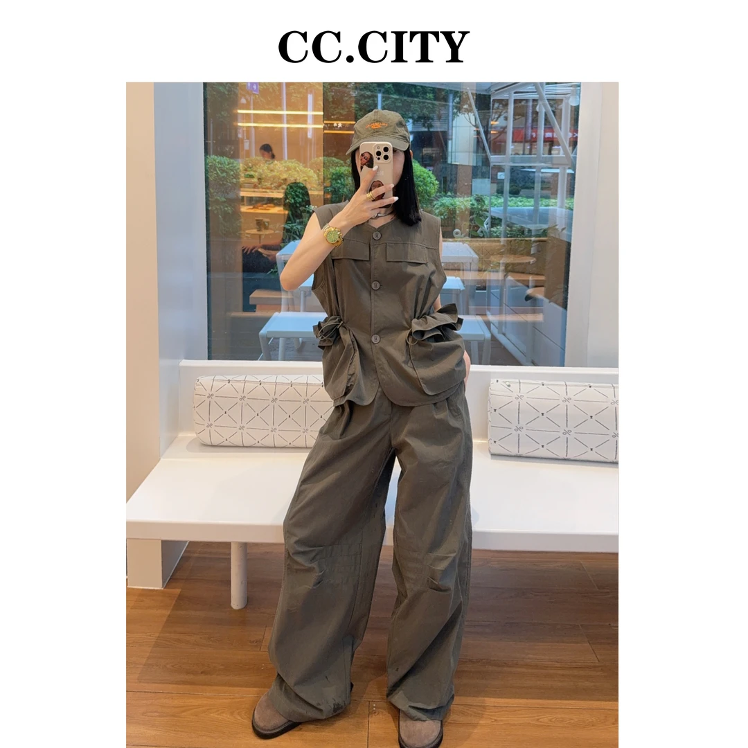 【蔡丽丽 & 添羽 】时尚洋气个性薄风衣马甲套装6x1078