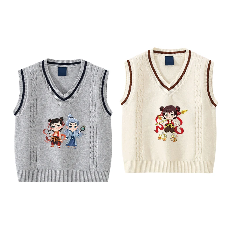 哪咤春秋新款洋气毛线背心男女童洋气扭花复古毛衣马甲无袖针织衫