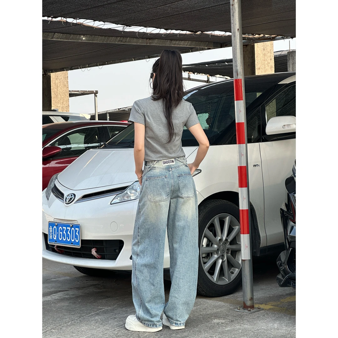 A3359-蓝【N5专享】夏季新款复古中高腰高街宽松设计感百搭弯刀裤