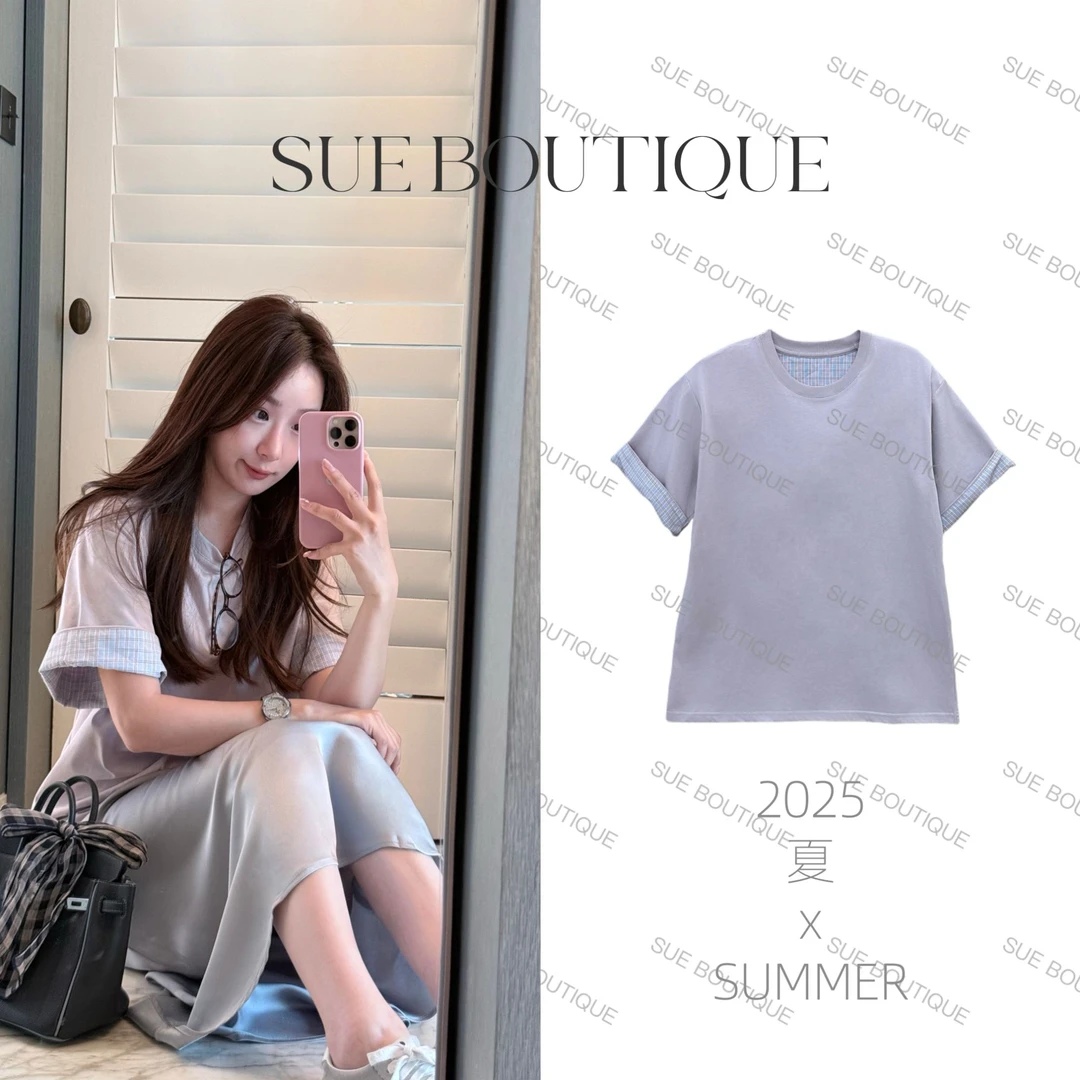【 SUE 】B*V薰衣草 匹马棉轻奢翻袖圆领宽松基础松弛休闲T恤男女款