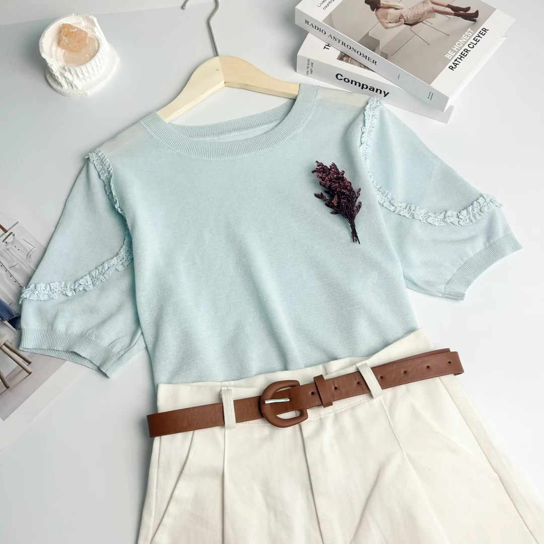 玲姐定制-小狗图案小挂片甜美蕾丝设计感薄款微透针织短袖136521