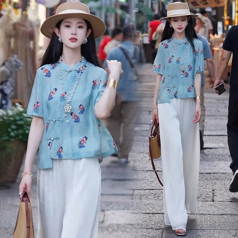 新中式国风时尚套装女2025夏季新款洋气显瘦盘扣衬衫阔腿裤两件套
