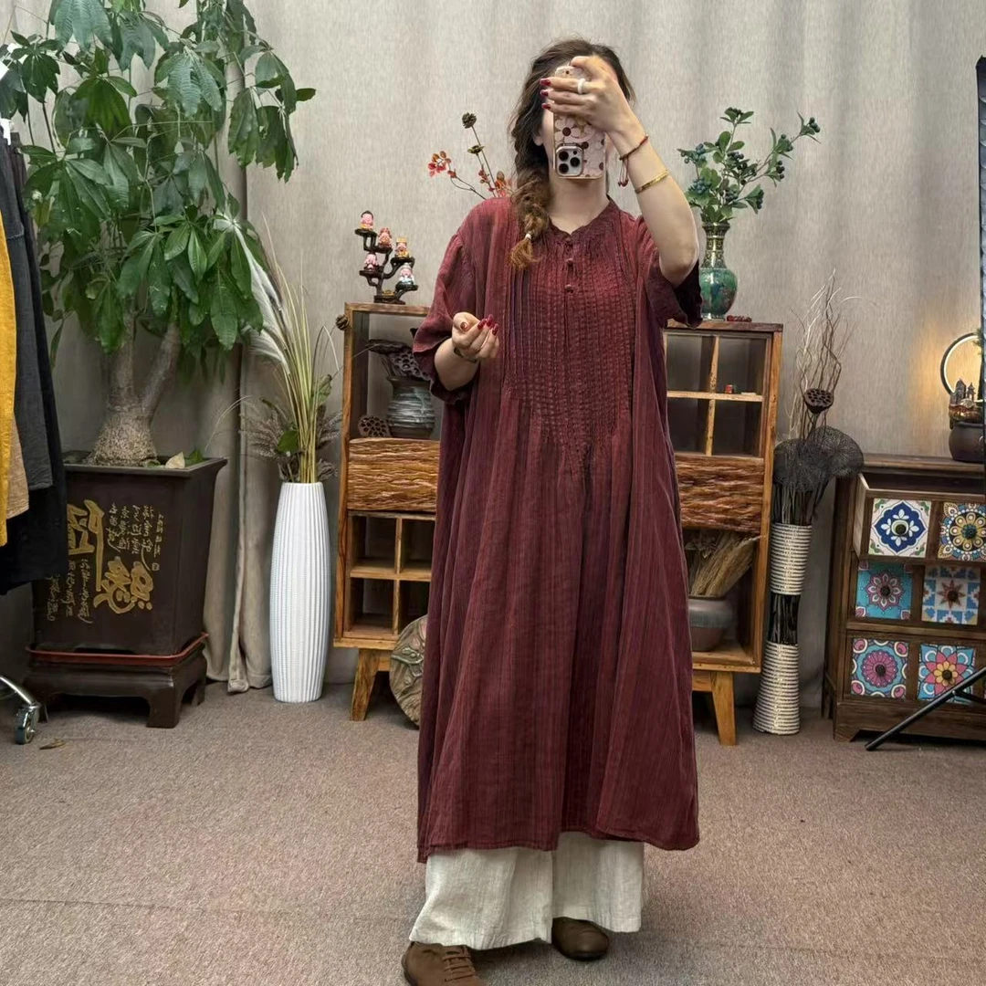 花璟与麻原创设计半开襟菩提扣风琴折色织袍裙（裙长115胸围132）