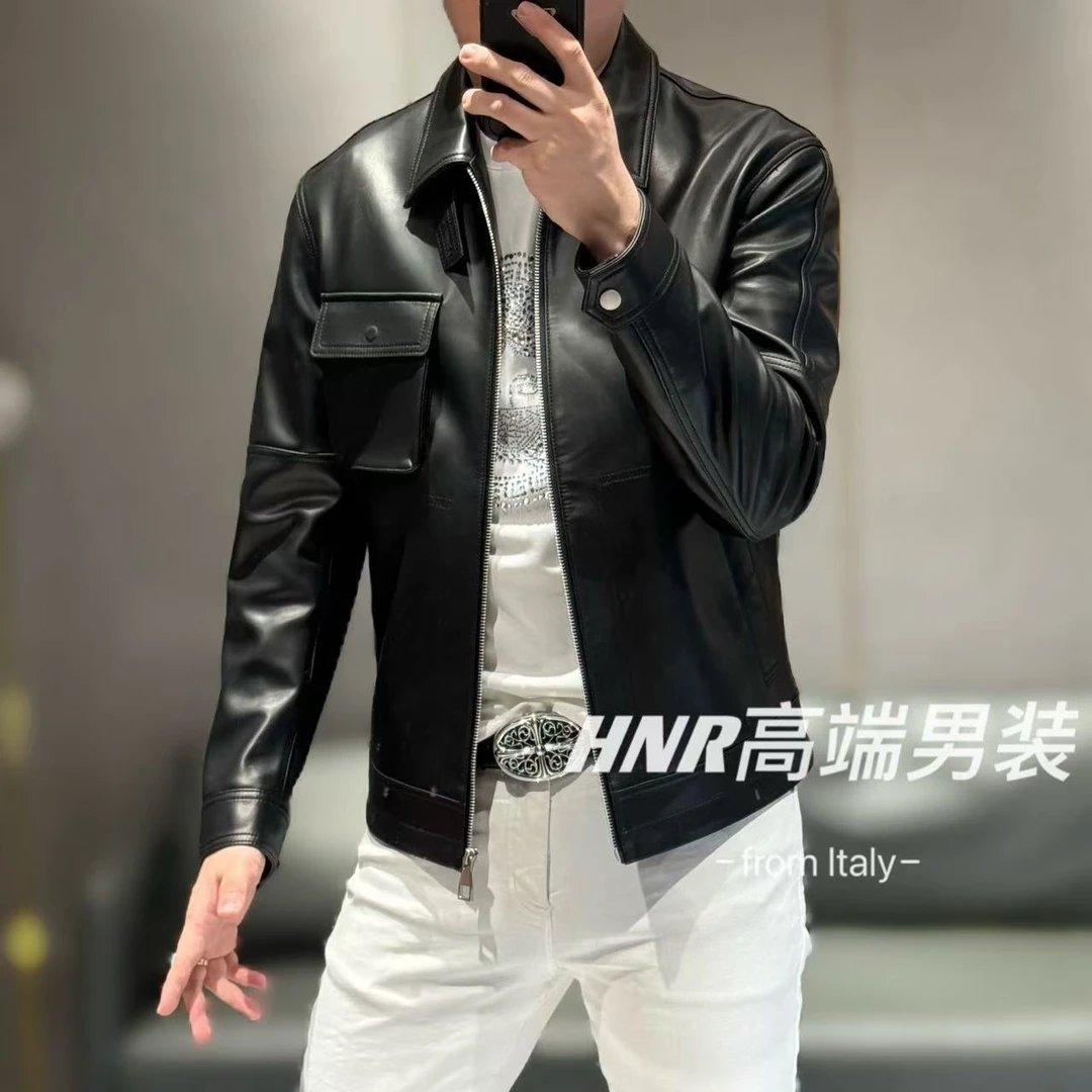 高端春季真皮皮衣休闲简约款工装口袋设计设计师版2509