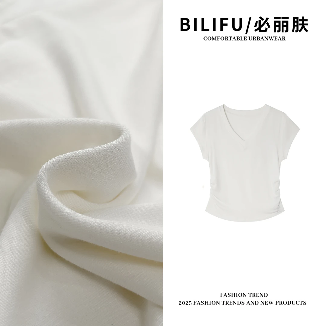 BILIFU/必丽肤 春夏新款V领小蛮腰短袖T恤通勤时尚百搭打底衫8302