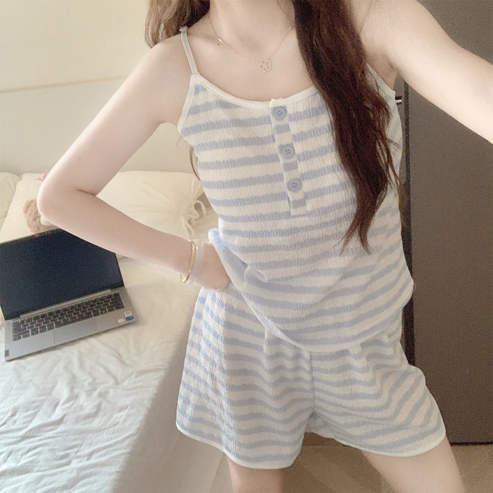 【带胸垫一体】防凸点吊带睡衣女款夏季薄款条纹纯欲甜美家居服套装