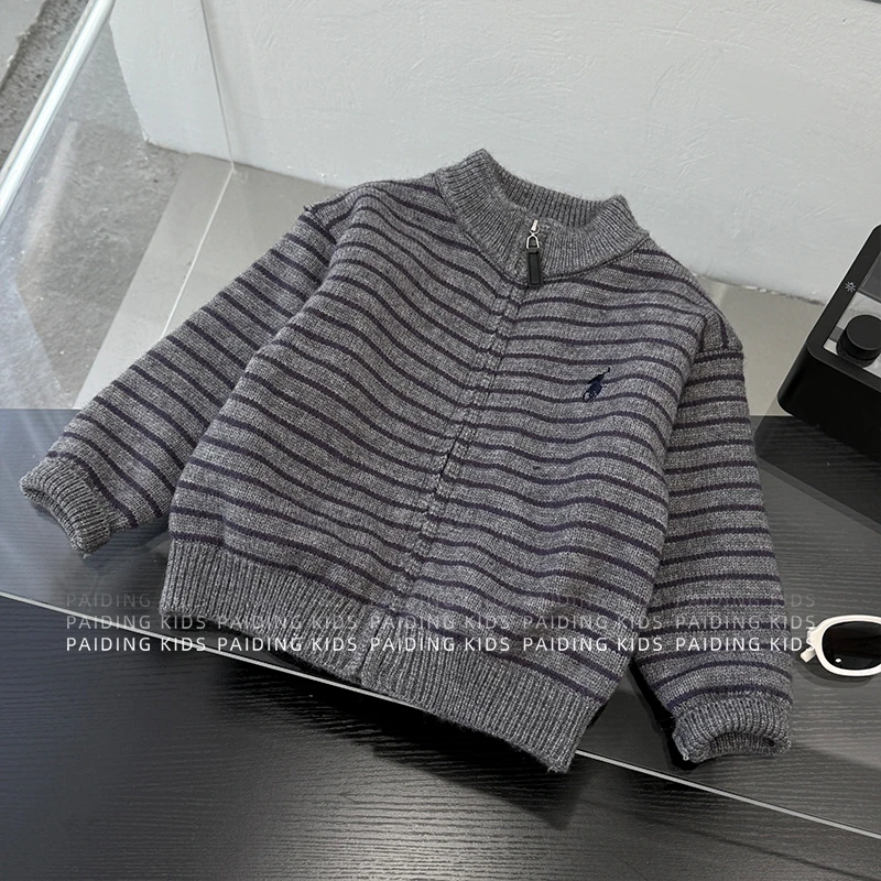 冬装儿童韩版时尚撞色条纹休闲厚款保暖针织毛衣外套SJ6869-DD1