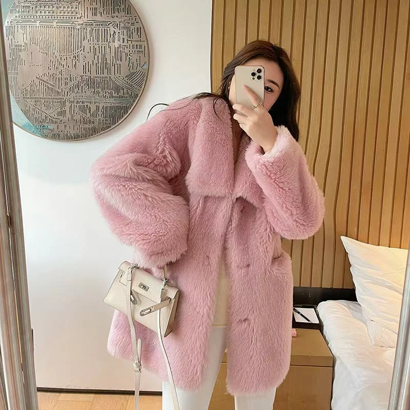 24秋冬新款澳洲托斯卡纳皮毛一体大衣翻领羊羔毛羊剪绒皮草外套女