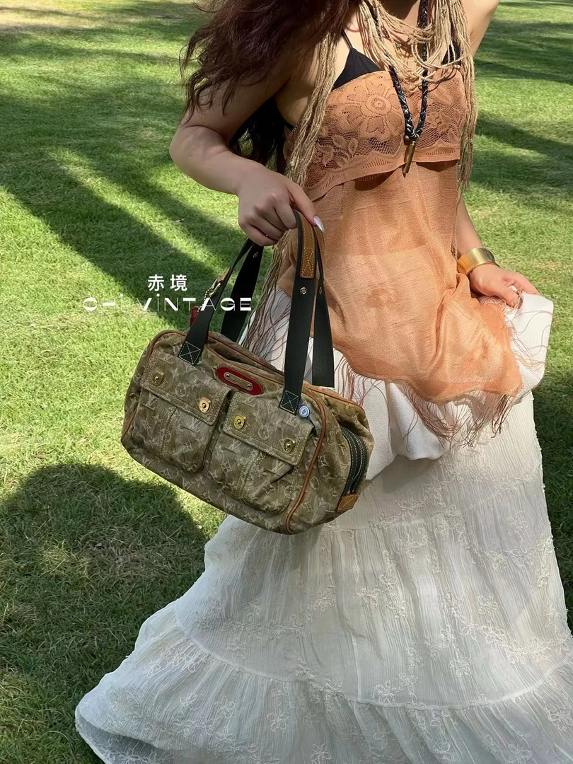 95新 LouisVuitton/路易威登 6123 军绿色Jasmine老花丹宁手提包