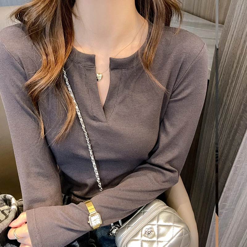 V领螺纹长袖上衣女可外穿早春秋季高级设计感内搭打底衫正肩Tt恤