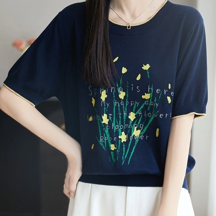 2025夏季新款来塞尔天丝圆领时尚猫咪印花上衣卡通宽松显瘦短袖