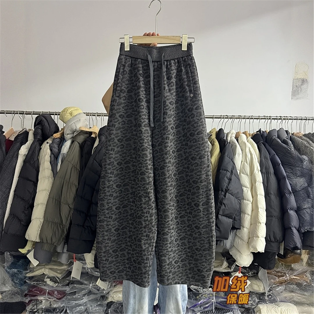 豹纹抽绳束脚裤女冬季2025新品加绒加厚松紧腰显瘦休闲裤垂感长裤
