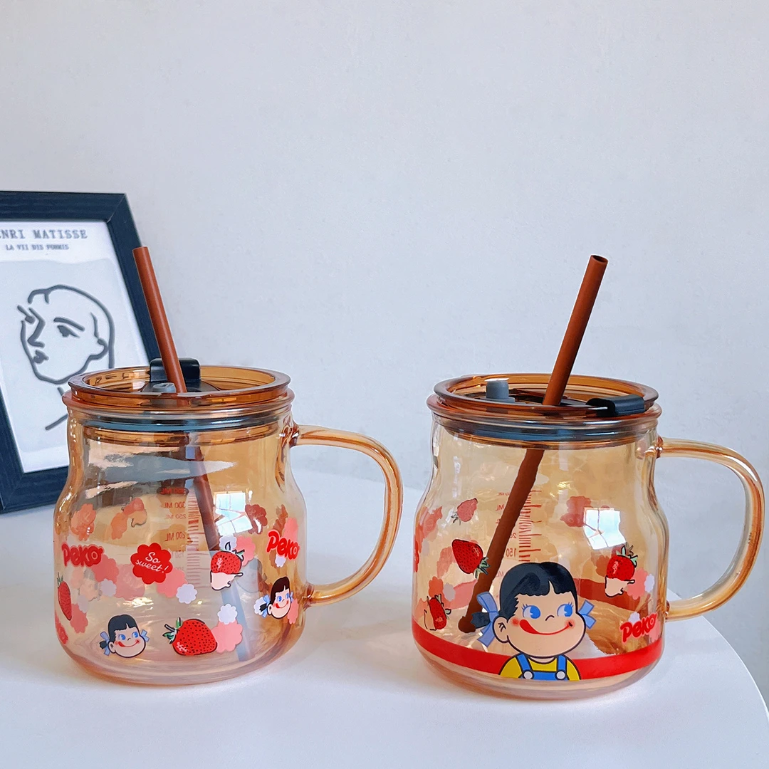 玻璃杯把手杯子新款家用水杯网红带盖双饮吸管杯牛奶杯大容量E114