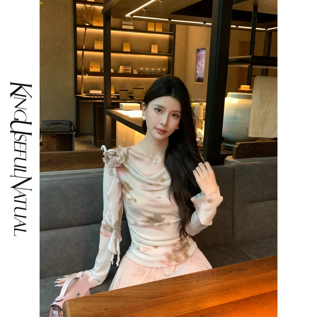 KUN【墨花】拿捏浪漫 法式氛围感银丝网底印花定染低饱和色绑带上衣