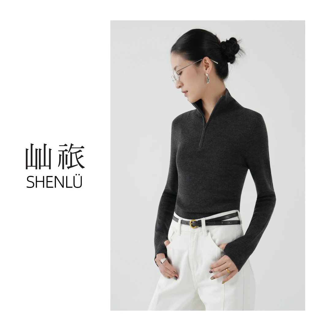 屾祣SHENLÜ扬子48支100%精纺羊毛半拉链立领针织衫打底女秋冬新品