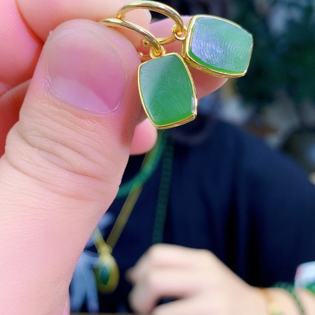 吊坠(不含链)银S925镶嵌和田玉（碧玉）耳钉