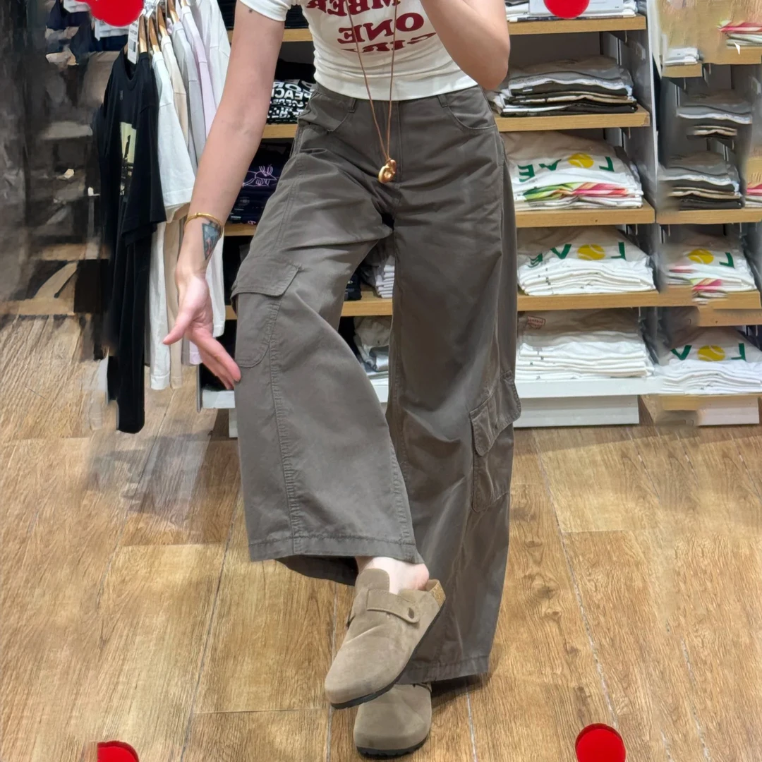 百搭慵懒风军绿工装裤女2025秋季大码胖mm显瘦休闲裤宽松阔腿裤子