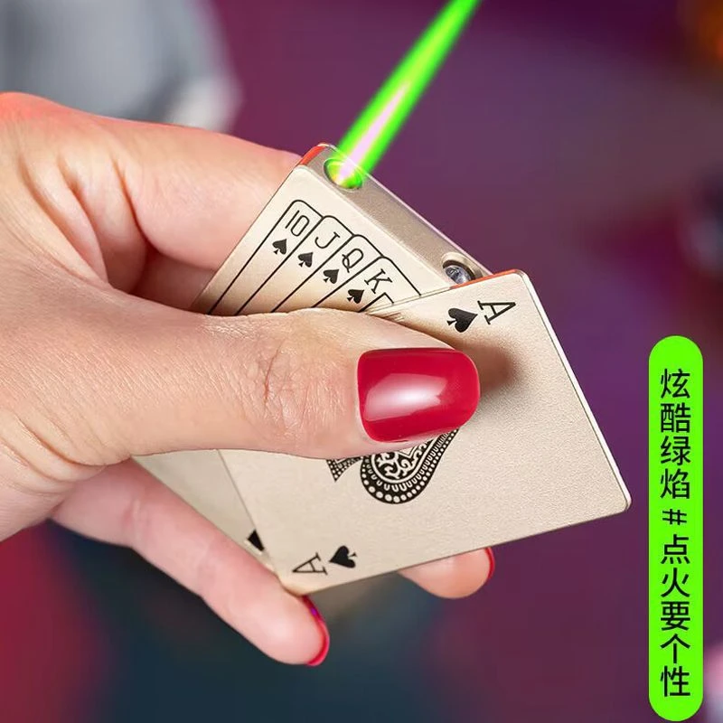 (小火火机）扑克牌模型侧滑绿焰防风可打火机个性创意炫酷