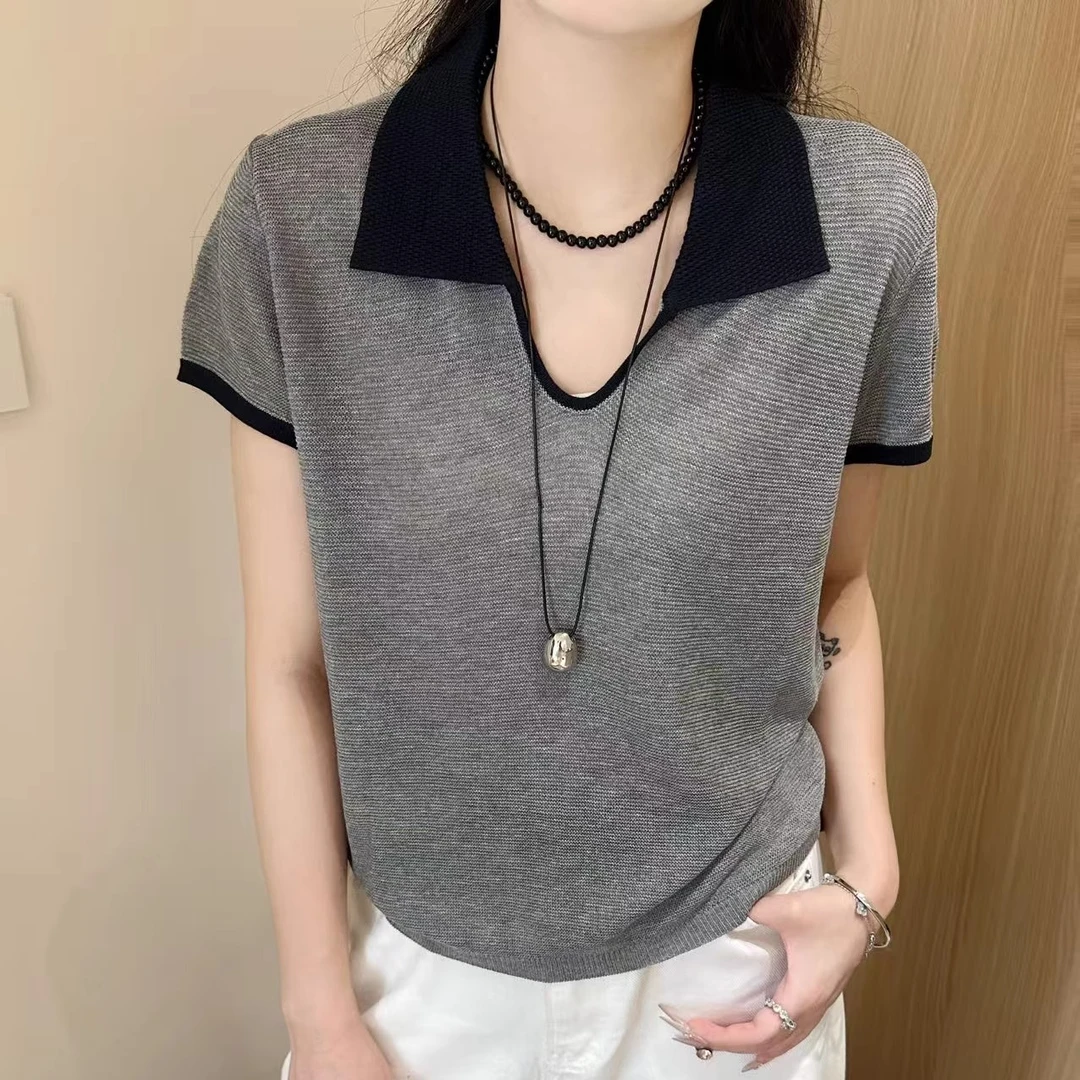 【亚麻天丝】POLO领短袖T恤女夏新款撞色拼接简约时尚宽松上衣