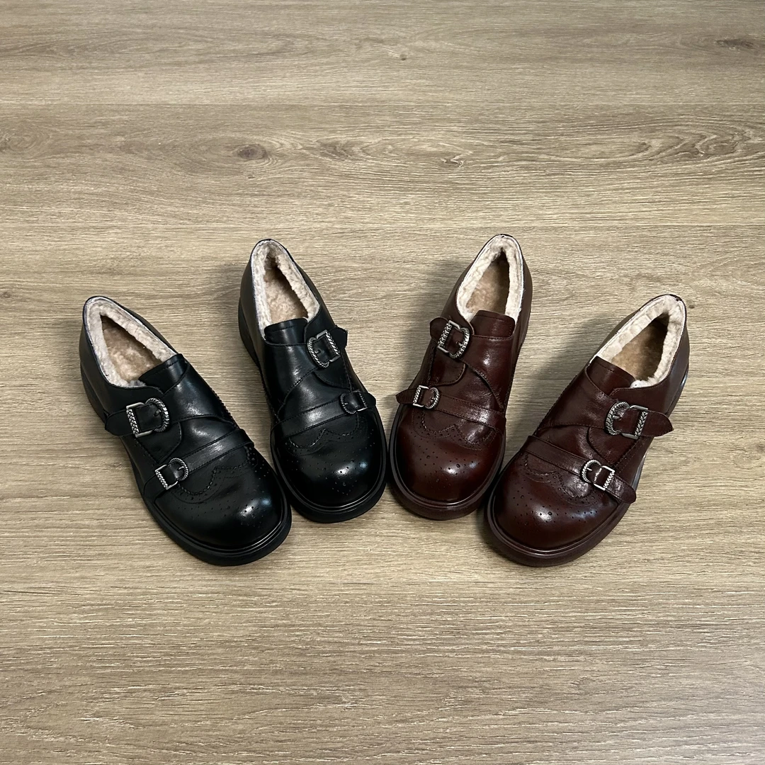 Dannyfrey冬季学院风皮带扣布洛克单鞋女保暖乐福鞋4CM