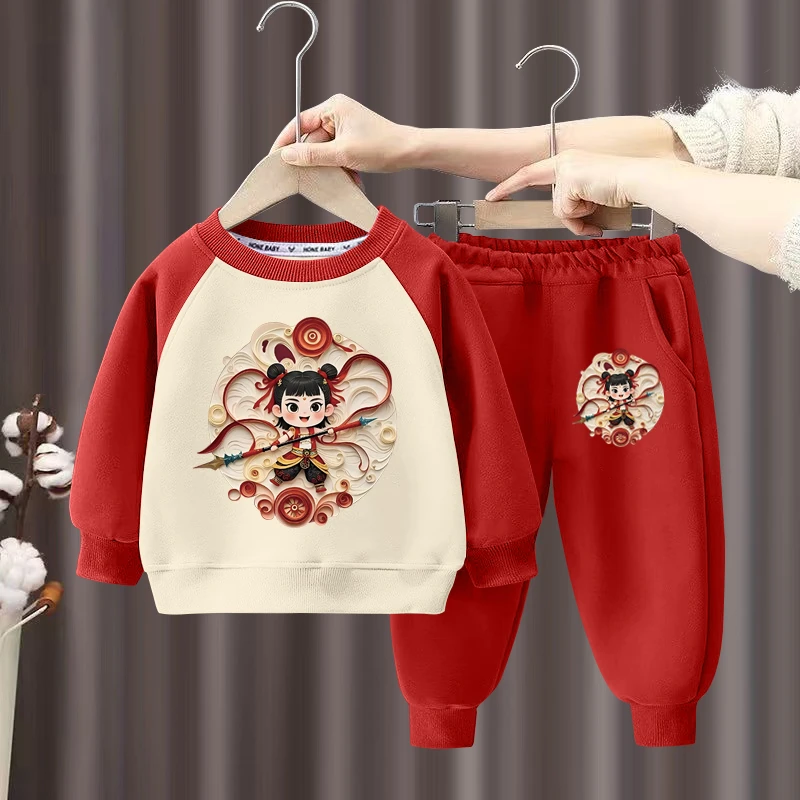 哪吒魔童闹海儿童套装春秋季男童国潮长袖卫衣卫裤两件套新款衣服