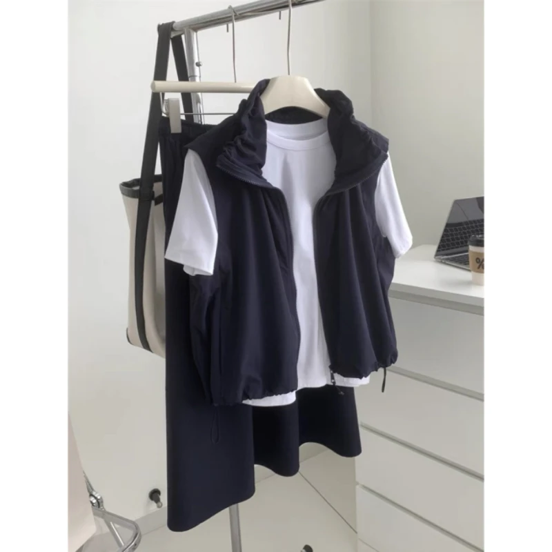 日系复古冲锋衣立领拉链马甲半身裙两件套女气质A字裙叠穿开衫夏