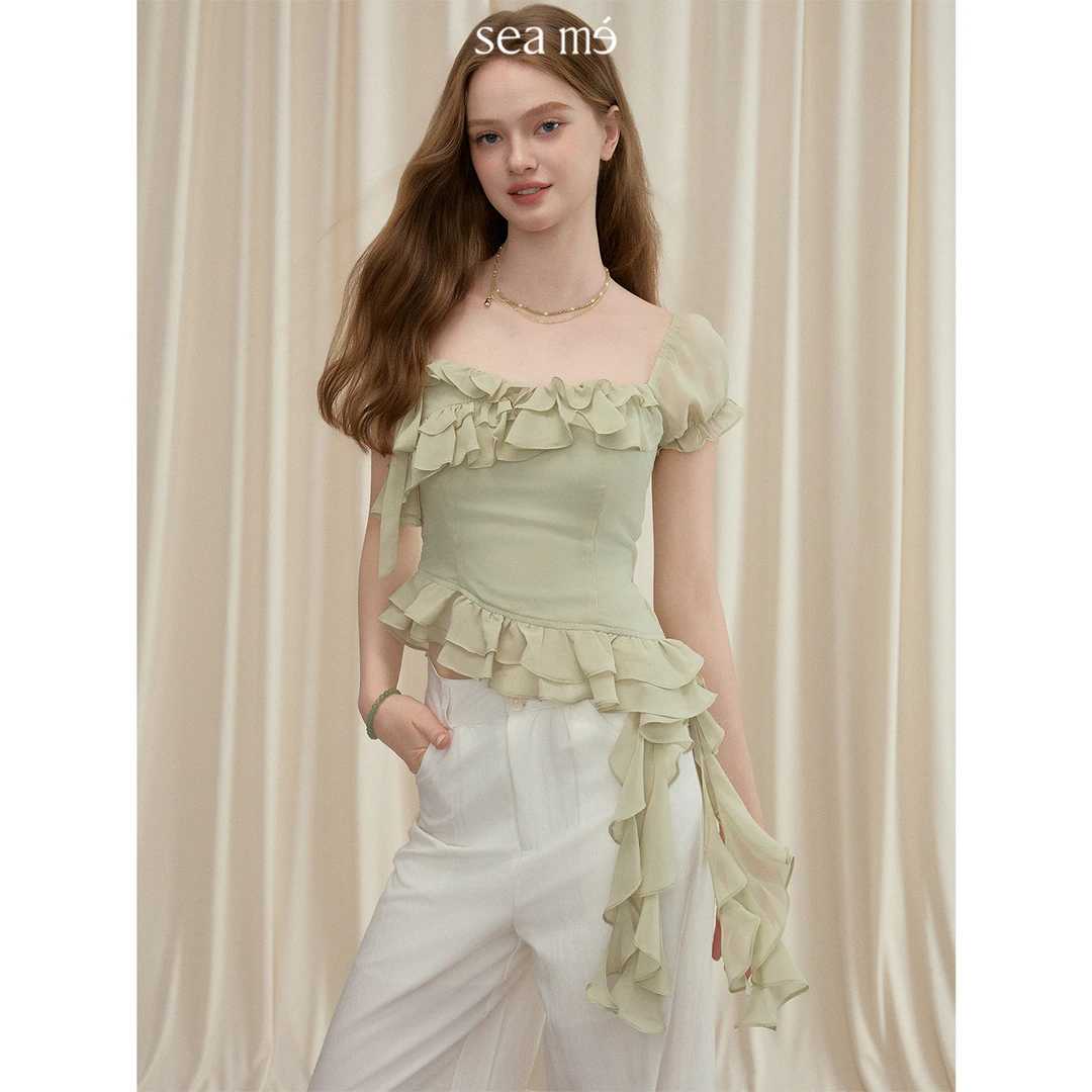 Seame汐觅【被风偷走】多层设计感荷叶边飘带小衫女韩系独特上衣