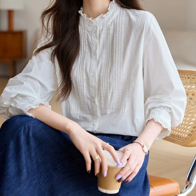 春新款纯棉洋气小众别致减龄上衣小衫法式花边白色长袖女装衬衫女