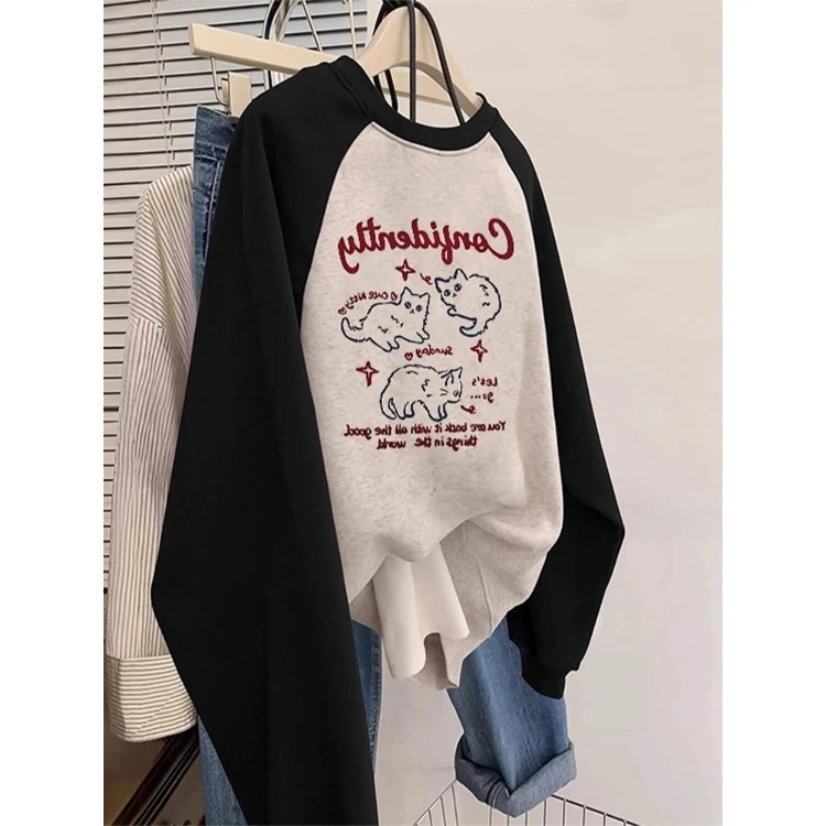 大码300斤韩版宽松显瘦卡通拼接插肩袖卫衣男女秋冬加厚宽松上衣