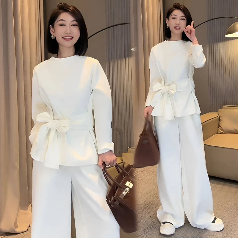 今年流行慵懒绑带套装女2025春秋收腰高级感上衣显瘦阔腿裤两件套