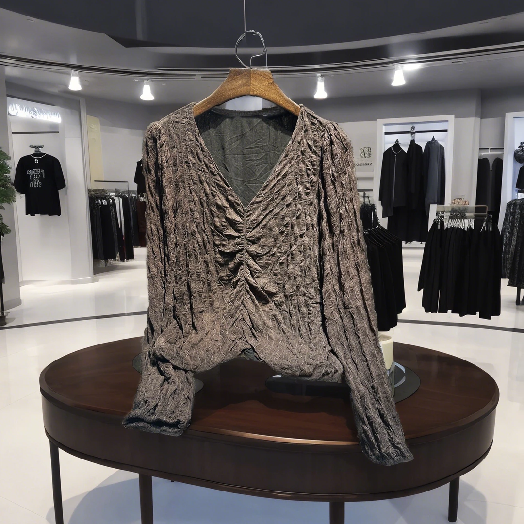 212色彩溯源“大地与咖啡的私语”受挫褶皱 动态光影艺术感V领衬衫