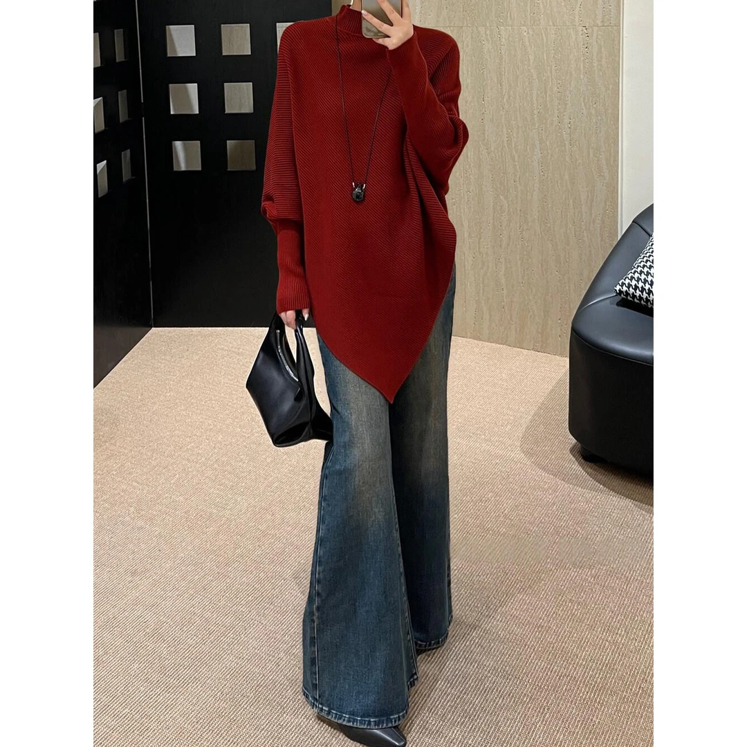 高级感慵懒风半高领蝙蝠袖上衣设计感气质斗篷不规则针织衫I1-82