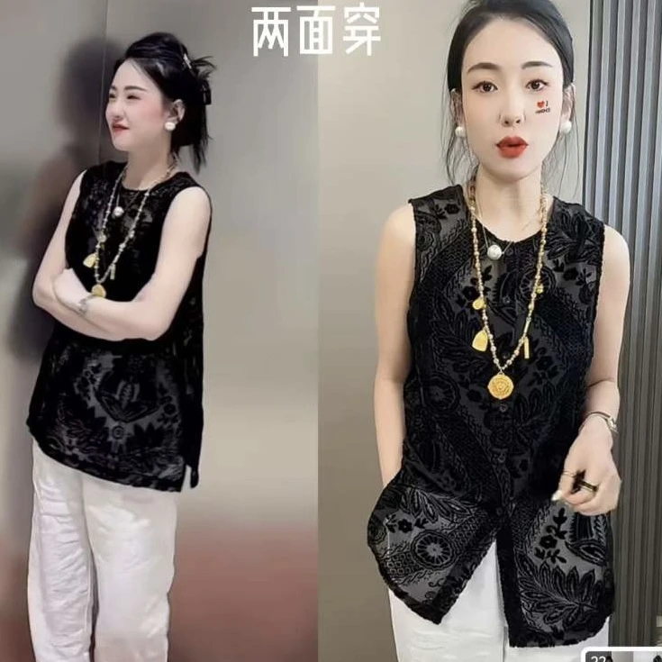 欧货复古烧花坎袖黑色圆领上衣女高级感微透镂空蕾丝植绒背心t恤