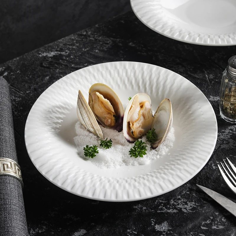 ULai优莱 8.5寸9.5寸几何反口深盘家用陶瓷轻奢高级意面盘子石纹