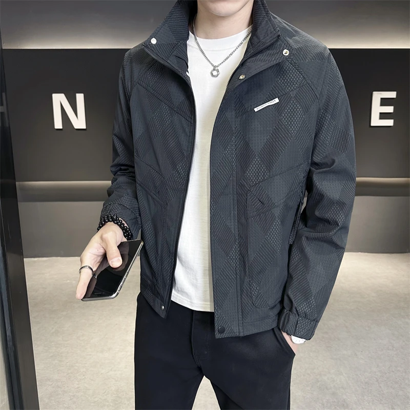 立领外套男士高端格子秋装2025新款潮牌薄款工装夹克飞行员棒球服