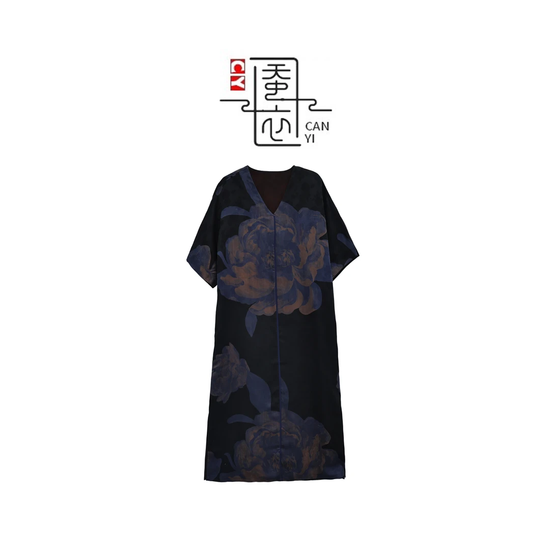 【山月诗】夏季新中式桑蚕丝香云纱重磅牡丹花纹中袖宽松连衣裙