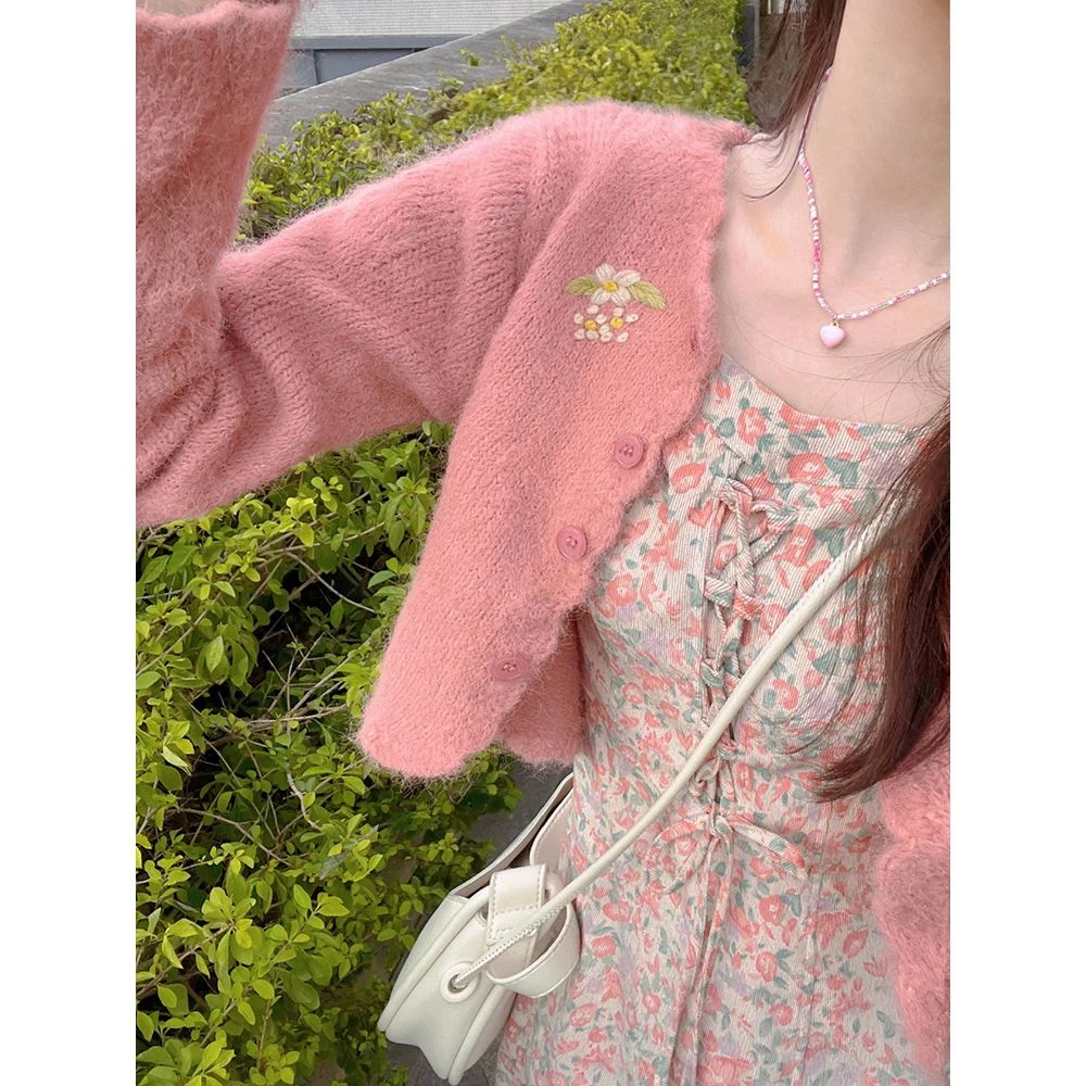 2025早春温柔风甜美吊带碎花吊带裙两件套粉色针织开衫女套装时尚